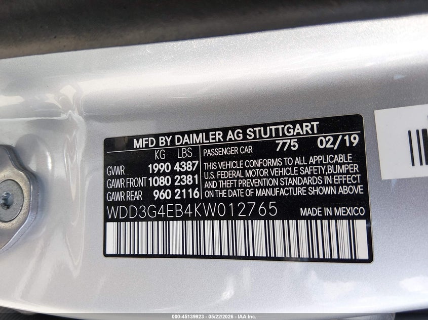 2019 Mercedes-benz A-klasse VIN WDD3G4EB4KW012765 IAAI salvage auction — FRONT END, Salvage (Texas), sold $4,600 on 2026-07-08 (photo 9)