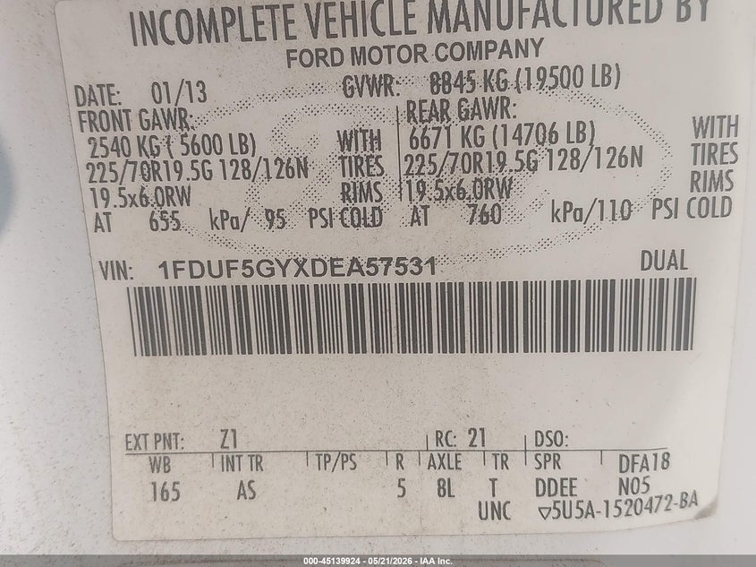 2013 Ford F-550 chassis VIN 1FDUF5GYXDEA57531 IAAI salvage auction — NORMAL WEAR, Clear (North Carolina), sold $25 on 2026-07-29 (photo 8)
