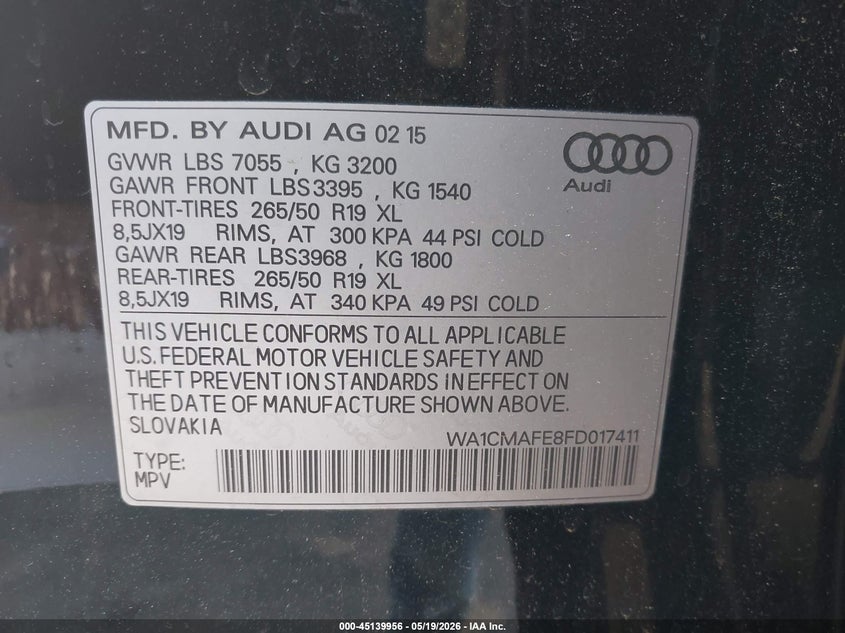 2015 Audi Q7 VIN WA1CMAFE8FD017411 IAAI salvage auction — SIDE, Salvage - Greater Than 75% (Maryland), sold $1,850 on 2026-08-28 (photo 9)