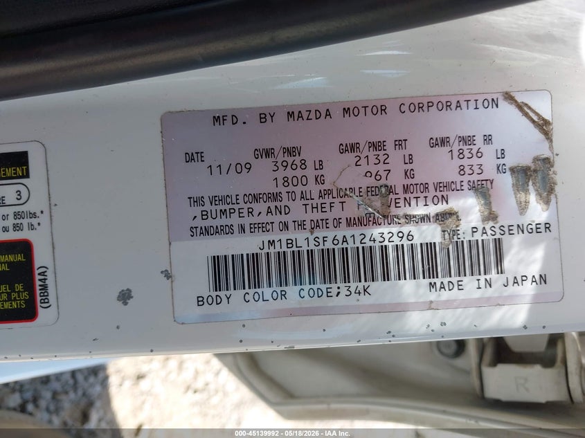 2010 Mazda 3 VIN JM1BL1SF6A1243296 IAAI salvage auction — FRONT END, Clear (Tennessee), sold $400 on 2026-07-16 (photo 9)