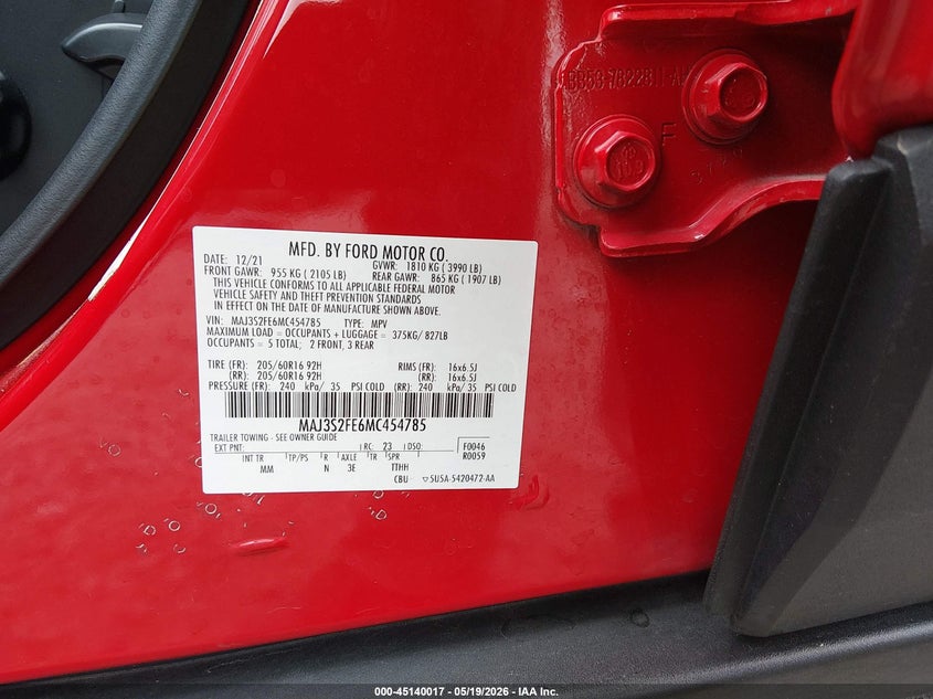 2021 Ford Ecosport VIN MAJ3S2FE6MC454785 IAAI salvage auction — RIGHT FRONT, Salvage (Arkansas), sold $1,800 on 2026-07-08 (photo 9)