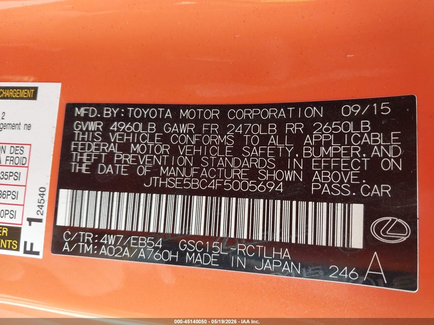 2015 Lexus Rc VIN JTHSE5BC4F5005694 IAAI salvage auction — FRONT END, Regular (South Dakota), sold $725 on 2026-07-28 (photo 9)