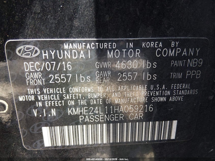 2017 Hyundai Sonata VIN KMHE24L11HA059216 IAAI salvage auction — FRONT END, Salvage (South Carolina), sold $925 on 2026-07-14 (photo 9)