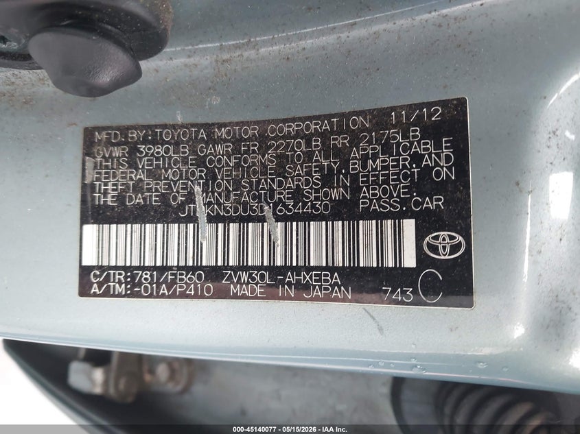 2013 Toyota Prius VIN JTDKN3DU3D1634430 IAAI salvage auction — RIGHT FRONT, Salvage (Oregon), sold $1,050 on 2026-07-30 (photo 9)
