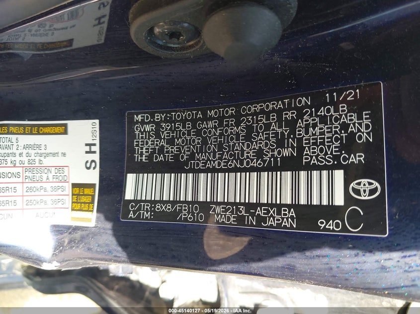 2022 Toyota Corolla VIN JTDEAMDE6NJ046711 IAAI salvage auction — RIGHT FRONT, Bill Of Sale Destruction Only - Salvage (Ohio), sold $2,800 on 2026-07-28 (photo 9)
