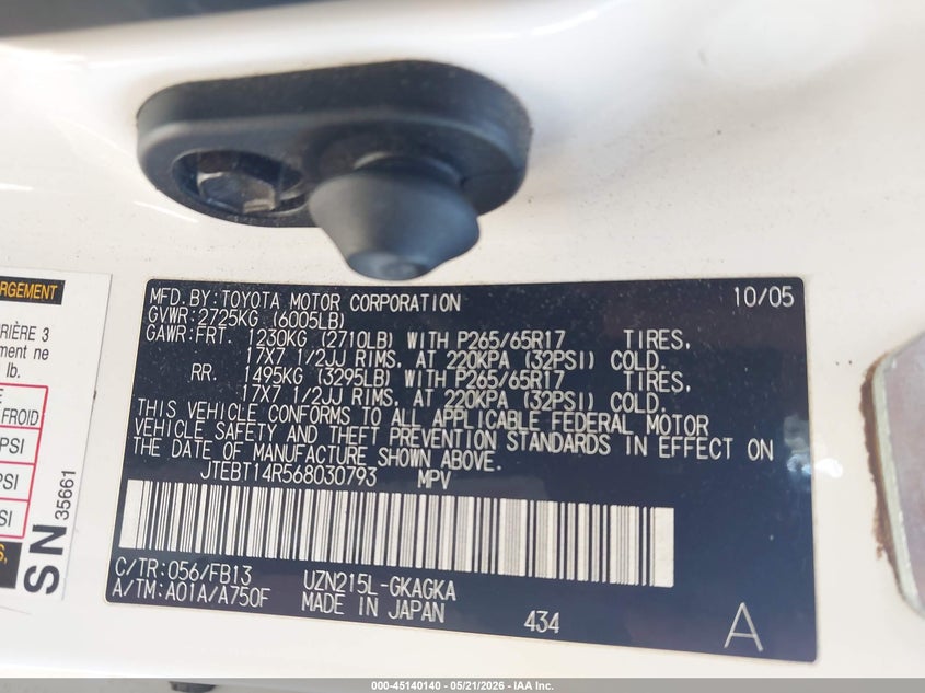 2006 Toyota 4runner VIN JTEBT14R568030793 IAAI salvage auction — NORMAL WEAR, Clear (Idaho), sold $3,950 on 2026-07-23 (photo 9)