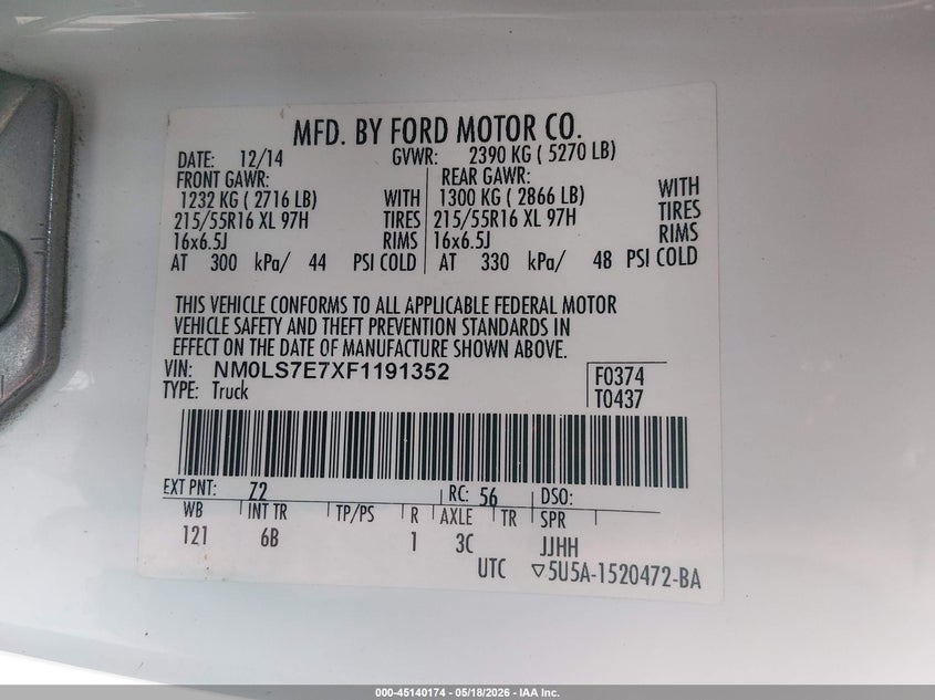 2015 Ford Transit Connect VIN NM0LS7E7XF1191352 IAAI salvage auction — Side, Salvage (Utah), sold $750 on 2026-07-09 (photo 9)