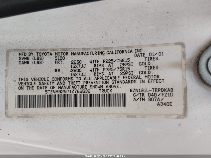 2001 Toyota Tacoma VIN 5TENM92N71Z769636 IAAI salvage auction — FRONT END, Salvage (Colorado), sold $1,650 on 2026-07-29 (photo 9)