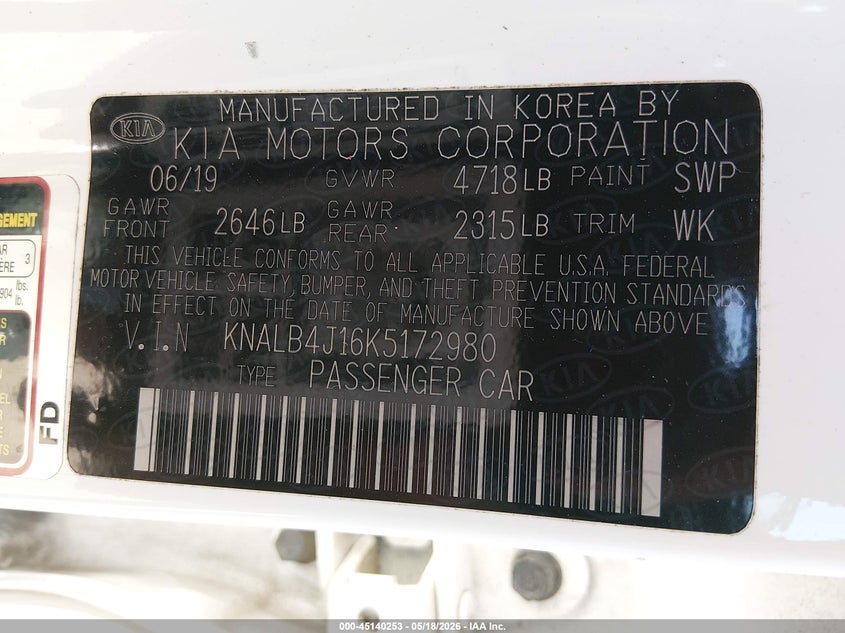 2019 Kia Cadenza VIN KNALB4J16K5172980 IAAI salvage auction — FRONT END, Salvage (Idaho), sold $1,500 on 2026-07-08 (photo 9)