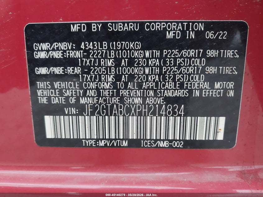 2023 Subaru Xv VIN JF2GTABCXPH214834 IAAI salvage auction — REAR END, Mv-907A (New York), sold $3,450 on 2026-07-09 (photo 9)