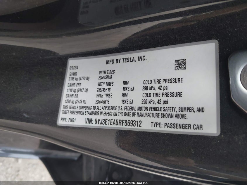 2024 Tesla Model 3 VIN 5YJ3E1EA5RF869312 IAAI salvage auction — LEFT FRONT, Salvage (Texas), sold $11,700 on 2026-07-15 (photo 9)