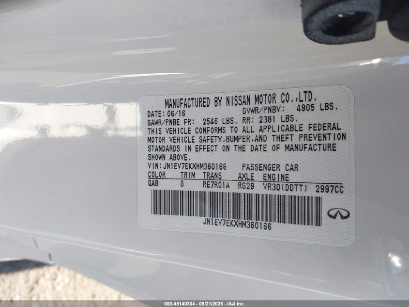 2017 Infiniti Q60 VIN JN1EV7EKXHM360166 IAAI salvage auction — RIGHT REAR, Salvage Certificate (California), sold $6,400 on 2026-07-31 (photo 9)