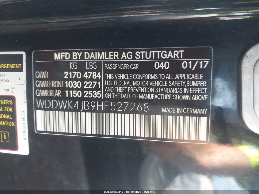 2017 Mercedes-benz C-klasse VIN WDDWK4JB9HF527268 IAAI salvage auction — FRONT END, Salvage Title, sold $1,900 on 2026-08-12 (photo 9)