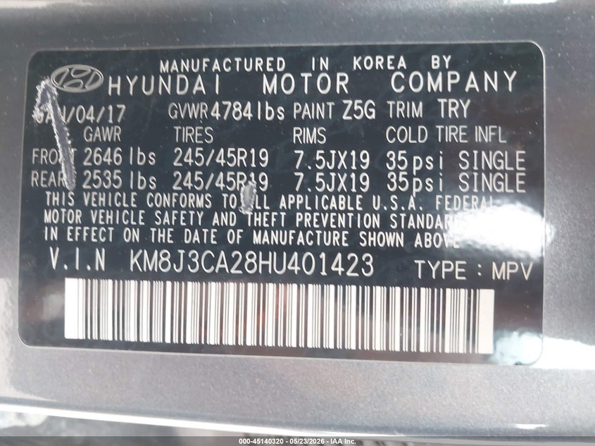 2017 Hyundai Tucson VIN KM8J3CA28HU401423 IAAI salvage auction — FRONT END, Salvage (Illinois), sold $1,600 on 2026-07-20 (photo 9)