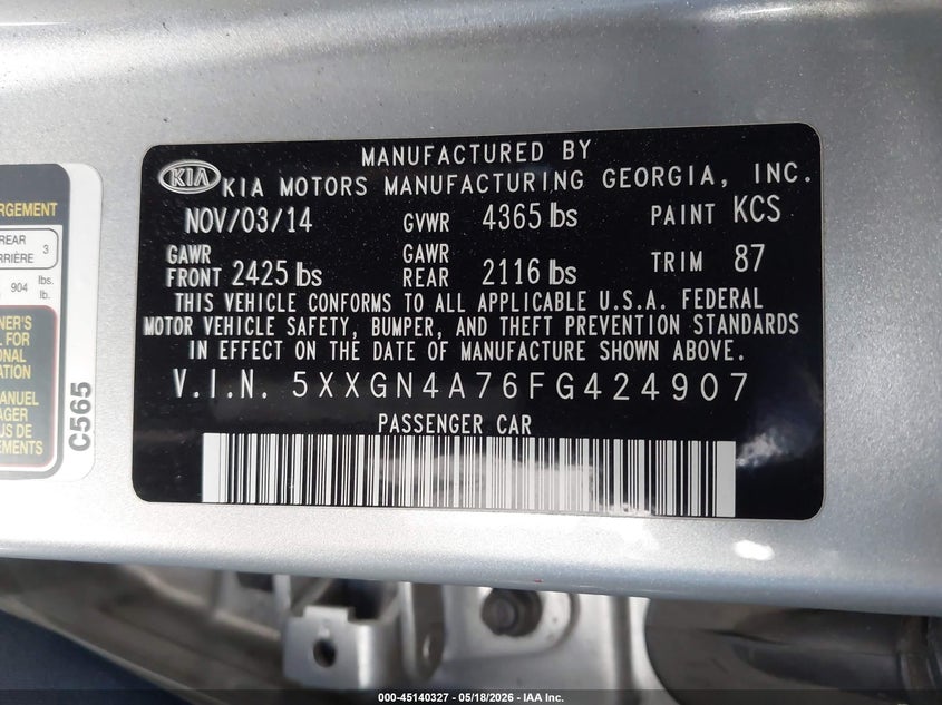 2015 Kia Optima VIN 5XXGN4A76FG424907 IAAI salvage auction — RIGHT SIDE, Salvage (California), sold $325 on 2026-07-23 (photo 9)