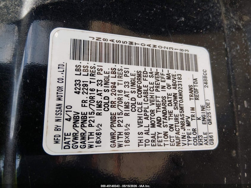 2010 Nissan Rogue sport VIN JN8AS5MT0AW023183 IAAI salvage auction — FRONT END, Clear (Oklahoma), sold $825 on 2026-07-07 (photo 9)
