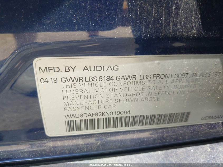 2019 Audi A8 VIN WAU8DAF82KN019064 IAAI salvage auction — HAIL, Clear (Missouri), sold $20,000 on 2026-08-17 (photo 9)