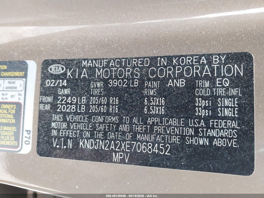 2014 Kia Soul VIN KNDJN2A2XE7068452 IAAI salvage auction — RIGHT SIDE, Salvage (California), sold $1,475 on 2026-07-08 (photo 9)