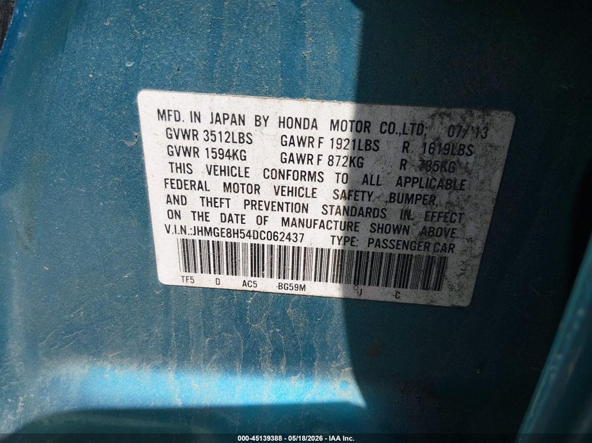 2013 Honda Fit VIN JHMGE8H54DC062437 IAAI salvage auction — NORMAL WEAR, Clear (Florida), sold $225 on 2026-07-27 (photo 9)