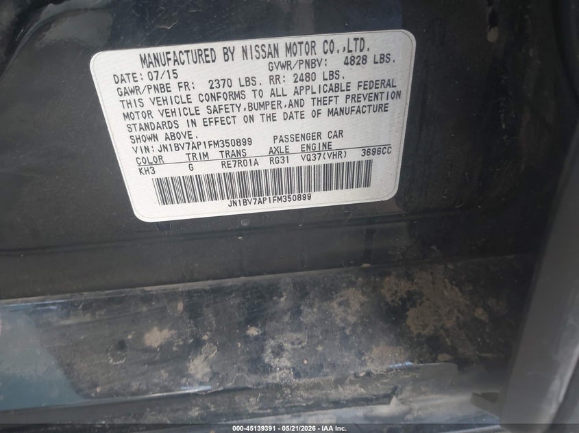 2015 Infiniti Q50 VIN JN1BV7AP1FM350899 IAAI salvage auction — FRONT END, Salvage (California), sold $1,975 on 2026-07-14 (photo 9)