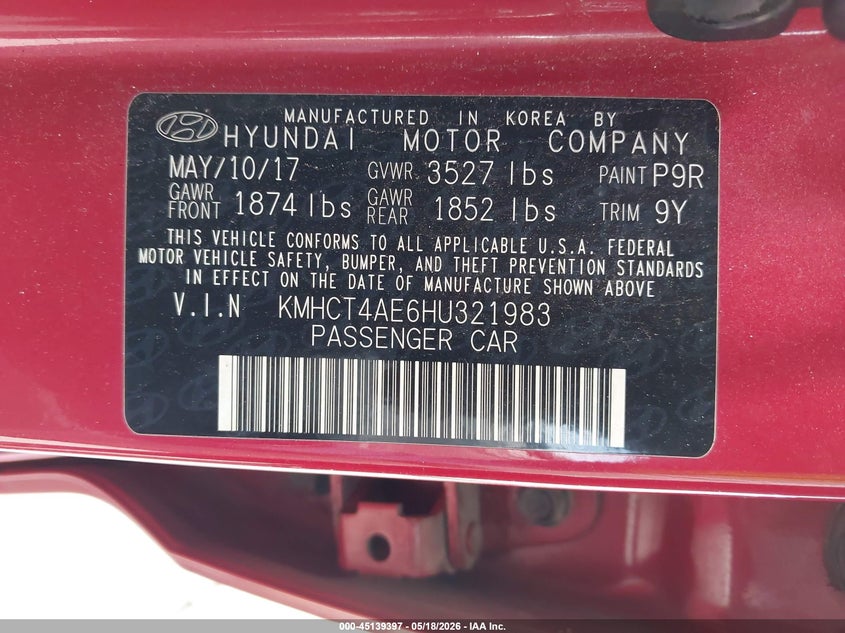 2017 Hyundai Accent VIN KMHCT4AE6HU321983 IAAI salvage auction — REAR END, Original (Texas), sold $1,100 on 2026-07-09 (photo 9)