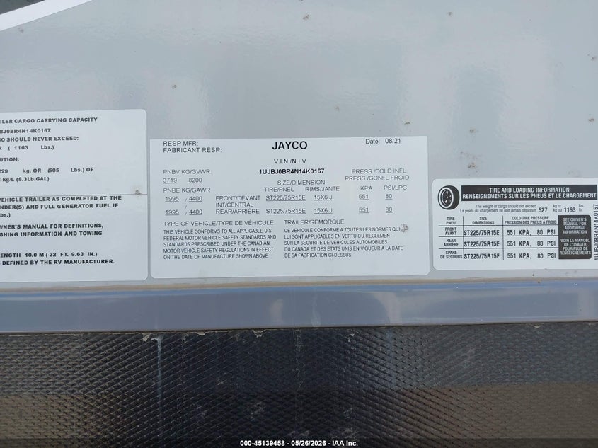 2022 Jayco Other VIN 1UJBJ0BR4N14K0167 IAAI salvage auction — SIDE, Salvage (Arizona), sold $7,650 on 2026-07-15 (photo 9)