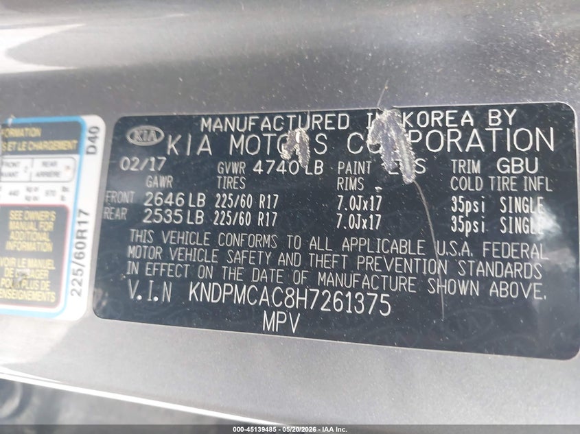 2017 Kia Sportage VIN KNDPMCAC8H7261375 IAAI salvage auction — FRONT END, Salvage (Georgia), sold $300 on 2026-07-28 (photo 9)