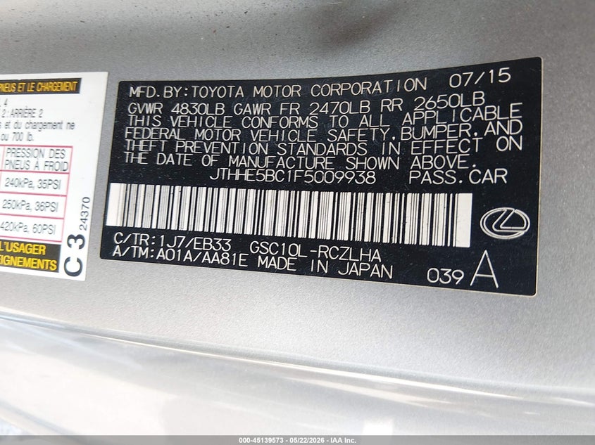 2015 Lexus Rc VIN JTHHE5BC1F5009938 IAAI salvage auction — FRONT END, Salvage (Louisiana), sold $2,450 on 2026-07-29 (photo 9)