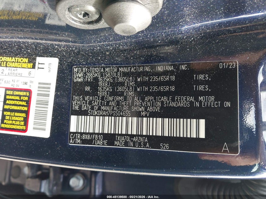 2023 Toyota Highlander VIN 5TDKDRAH7PS504655 IAAI salvage auction — FRONT END, Salvage (Minnesota), sold $9,300 on 2026-07-29 (photo 9)