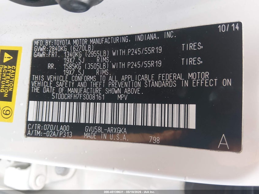 2015 Toyota Highlander VIN 5TDDCRFH7FS008161 IAAI salvage auction — LEFT FRONT, Salvage (Colorado), sold $6,300 on 2026-07-21 (photo 9)