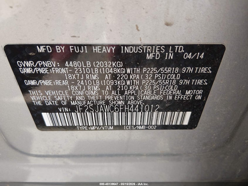 2015 Subaru Forester VIN JF2SJAWC6FH441012 IAAI salvage auction — REAR END, Salvage (Colorado), sold $1,850 on 2026-07-07 (photo 9)
