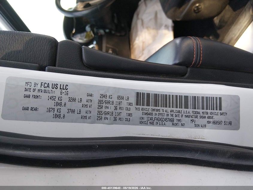2016 Jeep Grand cherokee VIN 1C4RJFAGXGC457068 IAAI salvage auction — FRONT END, Salvage (Utah), sold $3,300 on 2026-07-09 (photo 9)