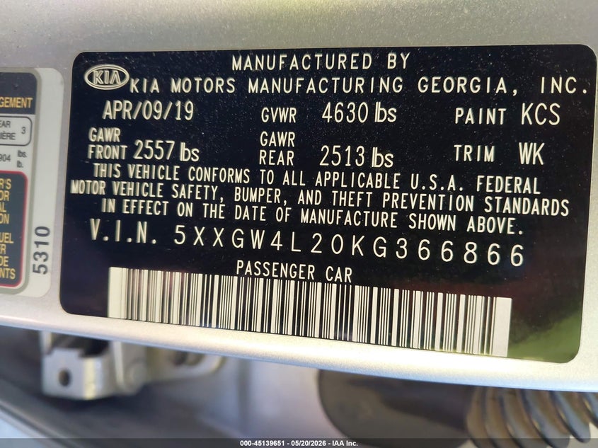 2019 Kia Optima VIN 5XXGW4L20KG366866 IAAI salvage auction — FRONT END, Salvage (North Carolina), sold $1,500 on 2026-07-23 (photo 9)