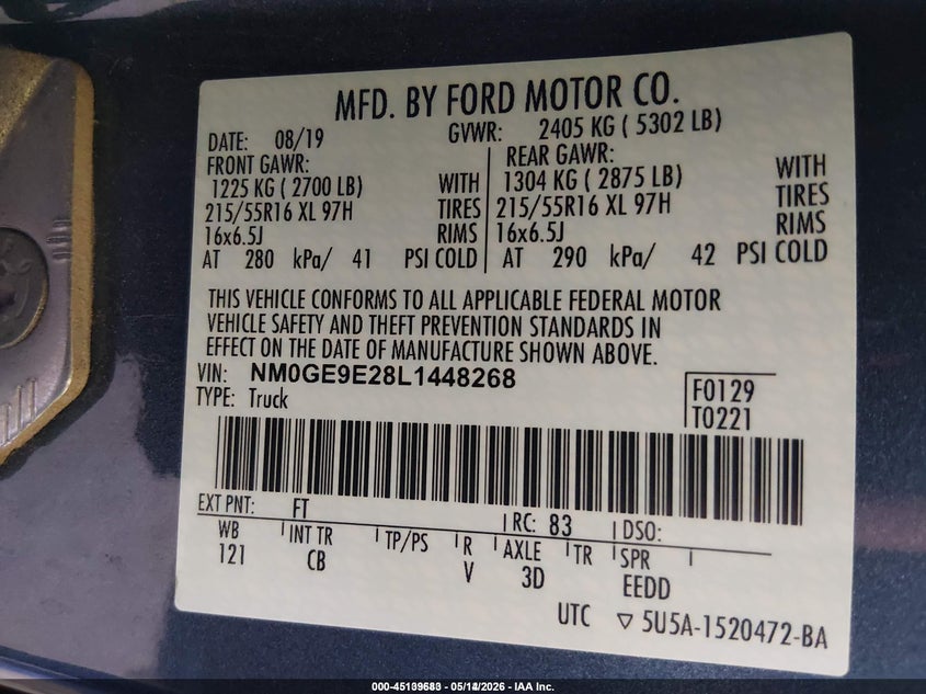 2020 Ford Transit VIN NM0GE9E28L1448268 IAAI salvage auction — NORMAL WEAR, Sf97 (New Mexico), sold $9,100 on 2026-07-08 (photo 9)