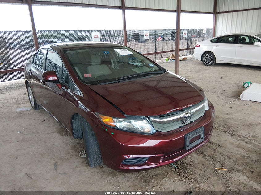 2012 Honda Civic VIN 19XFB2F83CE343877 IAAI salvage auction — FRONT END, Original (Texas), sold $2,250 on 2026-07-09 (photo 1)
