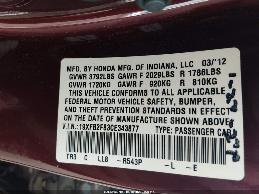 2012 Honda Civic VIN 19XFB2F83CE343877 IAAI salvage auction — FRONT END, Original (Texas), sold $2,250 on 2026-07-09 (photo 9)