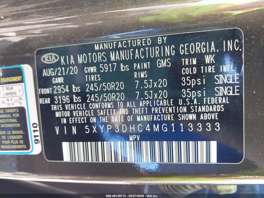 2021 Kia Telluride VIN 5XYP3DHC4MG113333 IAAI salvage auction — HAIL, Salvage Title, sold $6,600 on 2026-07-28 (photo 9)