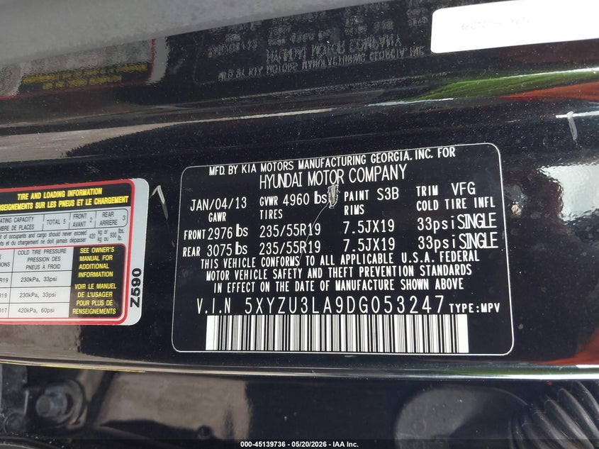 2013 Hyundai Santa fe VIN 5XYZU3LA9DG053247 IAAI salvage auction — LEFT FRONT, Salvage (Texas), sold $2,225 on 2026-07-21 (photo 9)