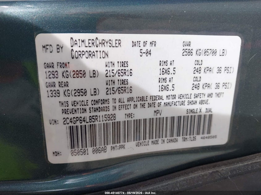 2005 Chrysler Town & country VIN 2C4GP64L85R115928 IAAI salvage auction — NORMAL WEAR, Clear (Illinois), sold $450 on 2026-07-20 (photo 9)