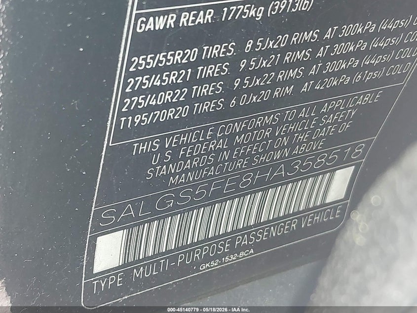 2017 Land rover RANGE ROVER VIN SALGS5FE8HA358518 IAAI salvage auction — RIGHT FRONT, Salvage - Greater Than 75% (Maryland), sold $25 on 2026-07-31 (photo 9)