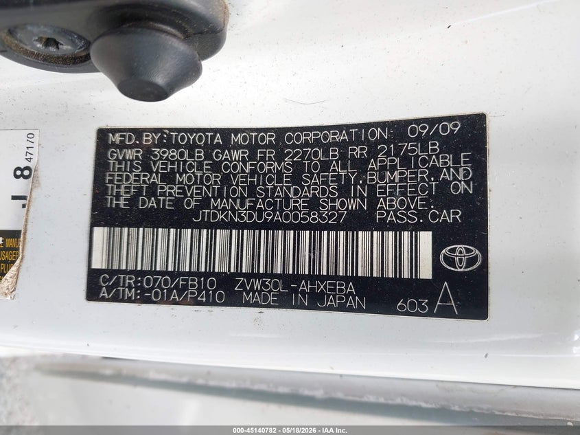 2010 Toyota Prius VIN JTDKN3DU9A0058327 IAAI salvage auction — NORMAL WEAR, Salvage Title (Hawaii), sold $150 on 2026-07-28 (photo 9)
