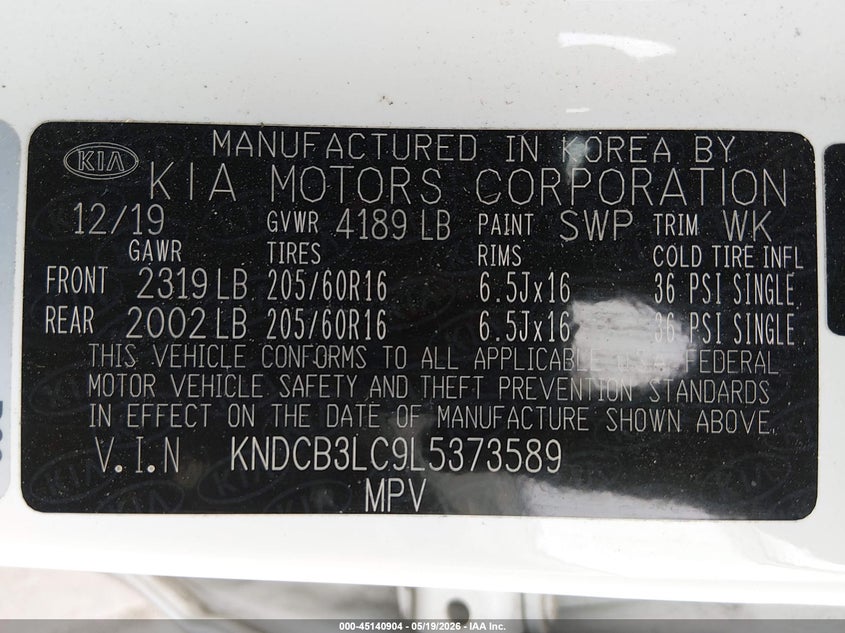 2020 Kia Niro VIN KNDCB3LC9L5373589 IAAI salvage auction — REAR END, Salvage (Texas), sold $4,525 on 2026-07-28 (photo 9)