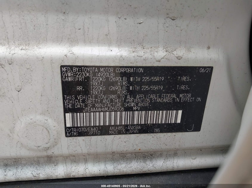 2021 Toyota Venza VIN JTEAAAAH6MJ059206 IAAI salvage auction — FRONT END, Salvage (Massachusetts), sold $13,600 on 2026-07-24 (photo 9)