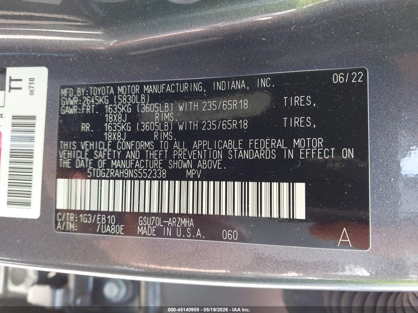 2022 Toyota Highlander VIN 5TDGZRAH9NS552338 IAAI salvage auction — RIGHT SIDE, Salvage (Georgia), sold $12,600 on 2026-07-23 (photo 9)