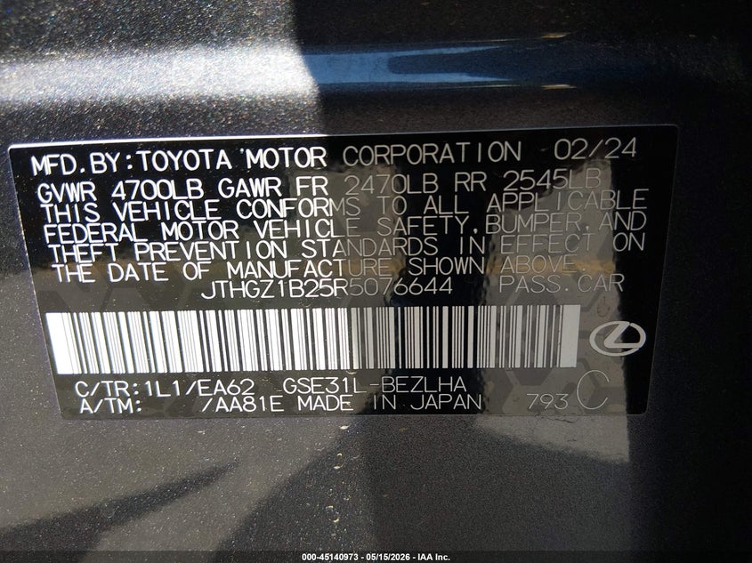 2024 Lexus Is VIN JTHGZ1B25R5076644 IAAI salvage auction — FRONT END, Salvage (South Carolina), sold $12,000 on 2026-07-22 (photo 9)