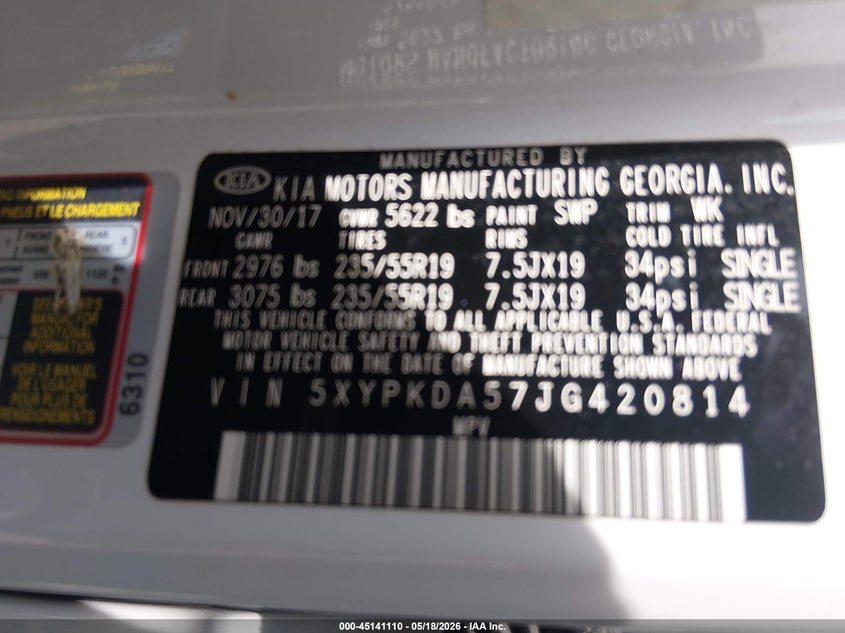 2018 Kia Sorento VIN 5XYPKDA57JG420814 IAAI salvage auction — LEFT FRONT, Salvage (Ohio), sold $2,650 on 2026-07-28 (photo 9)