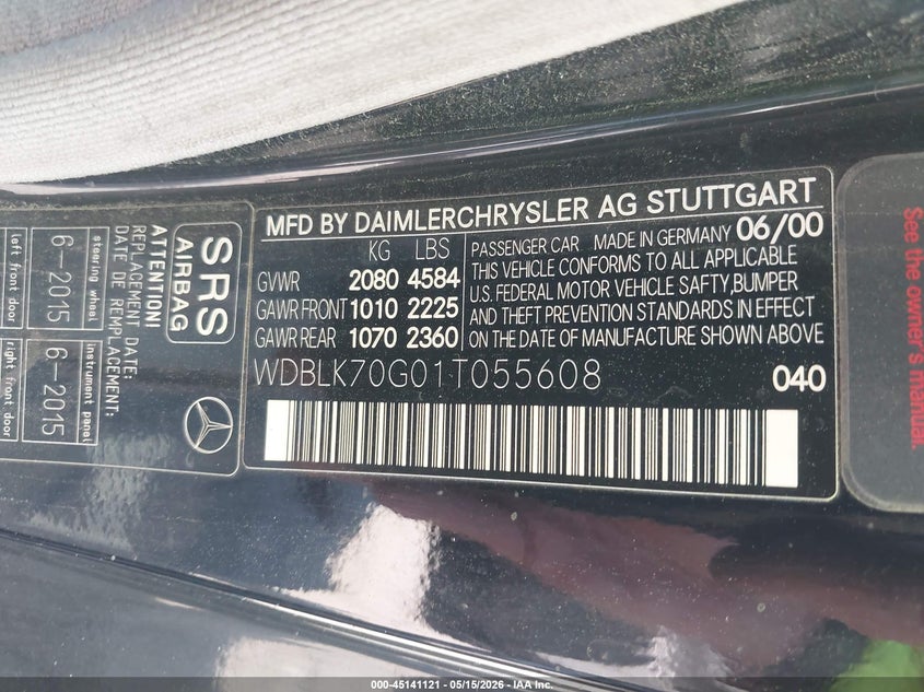2001 Mercedes-benz Clk-class VIN WDBLK70G01T055608 IAAI salvage auction — FRONT END, Salvage (Georgia), sold $700 on 2026-07-17 (photo 9)