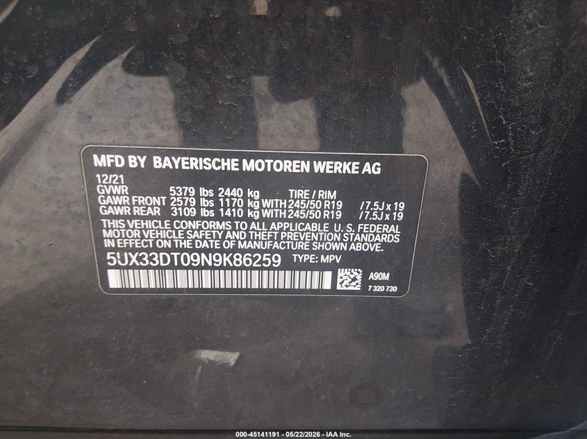 2022 BMW X4 VIN 5UX33DT09N9K86259 IAAI salvage auction — SUSPENSION, Salvage Title, sold $13,600 on 2026-08-27 (photo 9)