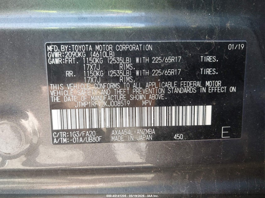 2019 Toyota Rav 4 VIN JTMP1RFV2KJ008519 IAAI salvage auction — RIGHT FRONT, Salvage (Massachusetts), sold $10,100 on 2026-07-14 (photo 9)