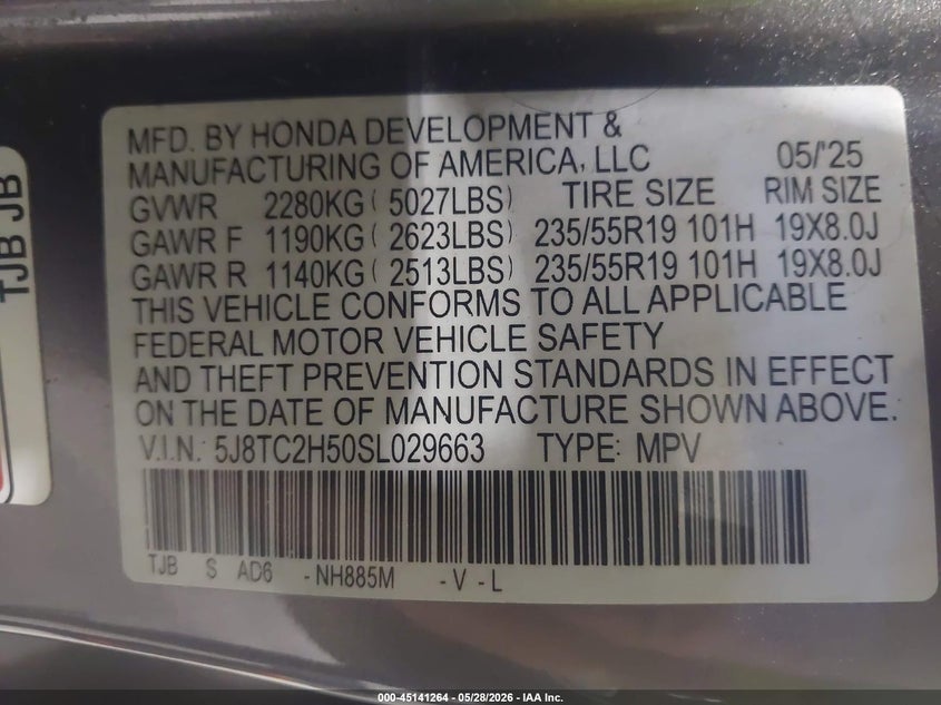 2025 Acura Rdx VIN 5J8TC2H50SL029663 IAAI salvage auction — ROLLOVER, Wait Title, sold $5,475 on 2026-09-16 (photo 9)